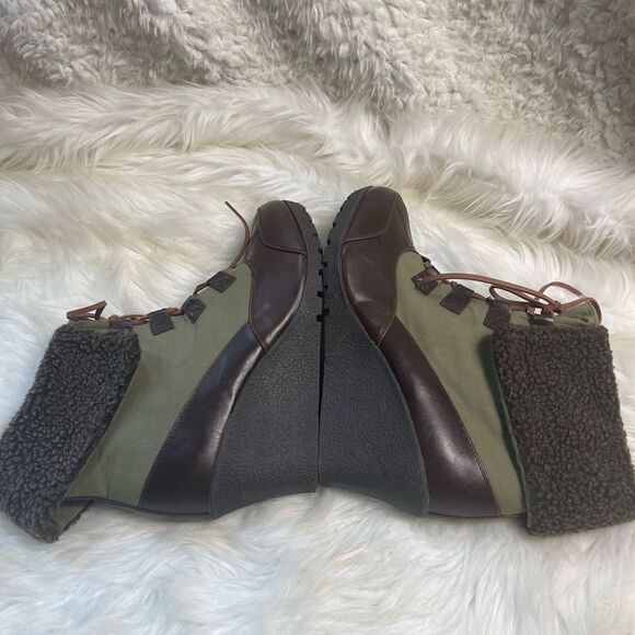 Ashley Stuart Olive Green textile &Brown faux leather lace up wedge boots SZ12W. - Picture 6 of 12